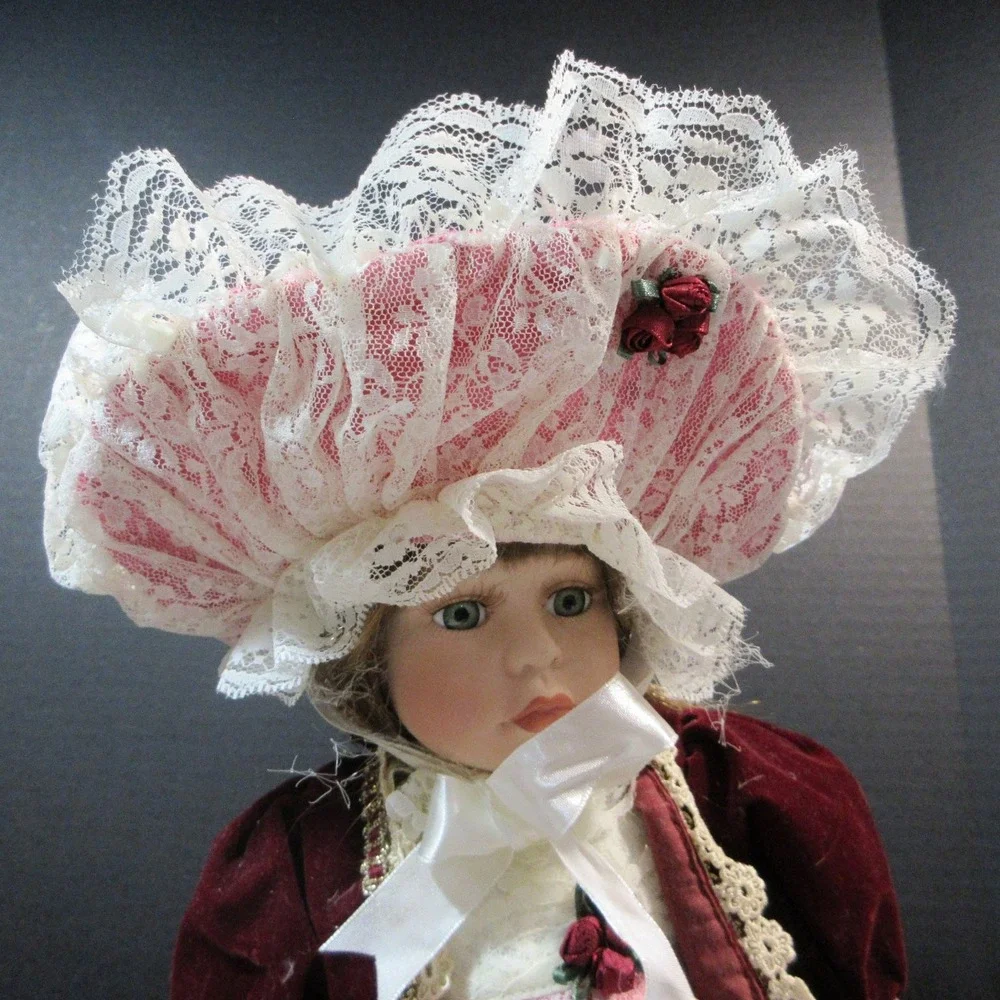 VTG Porcelain Doll in Victorian Burgundy Velvet & Lace Dress with Hat - 16
